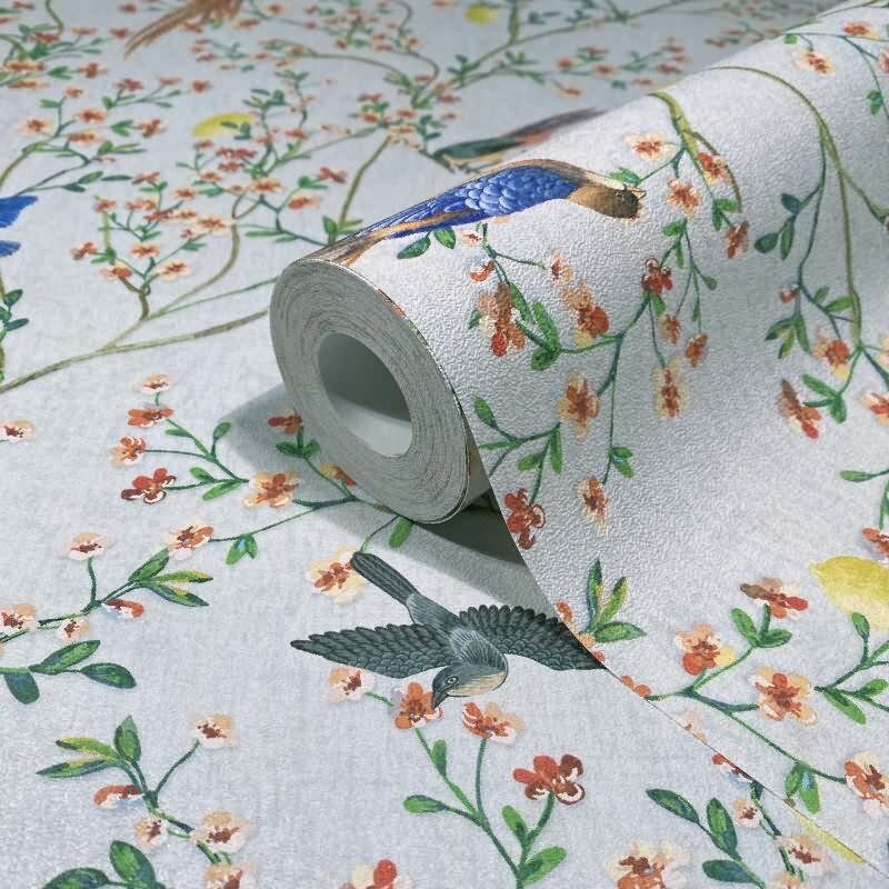 Vliestapete Vögel, Blumen Floral Natur matt in Grau für Wohnzimmer, Schlafzimmer (35623)