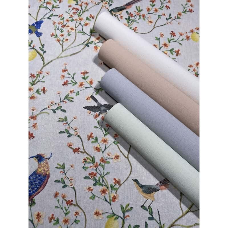 Vliestapete Vögel, Blumen Floral Natur matt in Grau für Wohnzimmer, Schlafzimmer (35623)