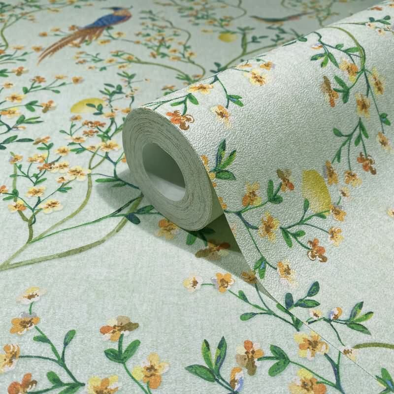 Vliestapete Vögel, Blumen Floral Natur matt in Grün für Wohnzimmer, Schlafzimmer (35624)