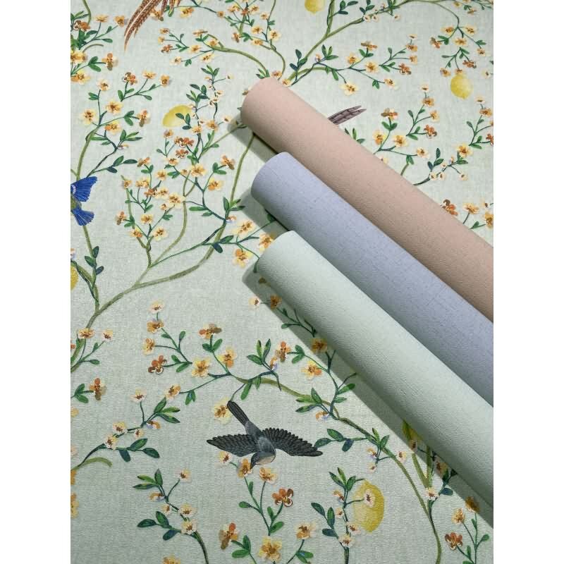 Vliestapete Vögel, Blumen Floral Natur matt in Grün für Wohnzimmer, Schlafzimmer (35624)