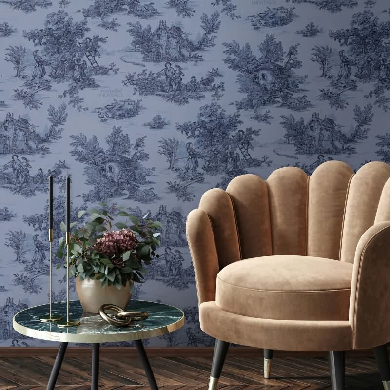 Vliestapete Landschaft, Menschen Grafisch Klassisch matt in Blau für Wohnzimmer, Schlafzimmer, Büro (35627)