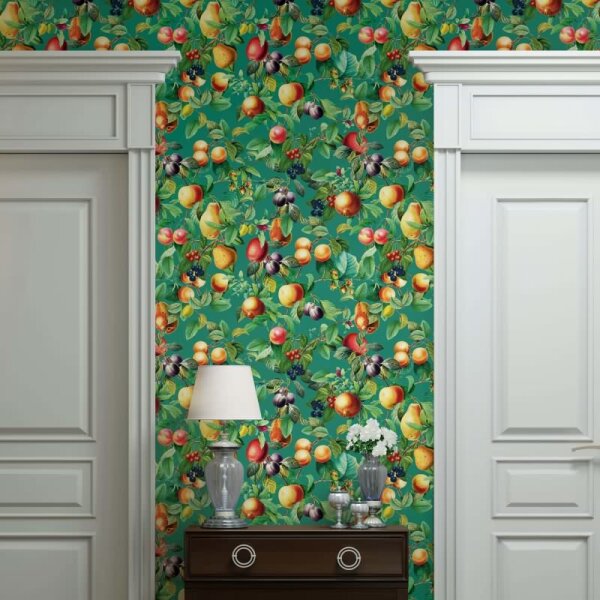 Vliestapete Früchte, Blätter Floral Natur matt in Grün für Wohnzimmer, Schlafzimmer (35631)