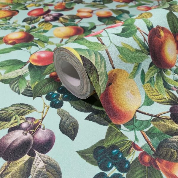 Vliestapete Früchte, Blätter Floral Natur matt in Blau für Wohnzimmer, Schlafzimmer (35633)