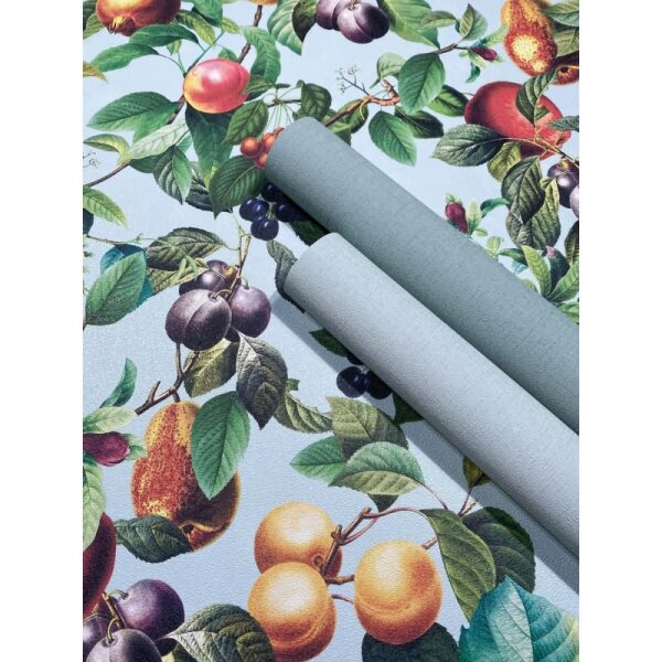 Vliestapete Früchte, Blätter Floral Natur matt in Blau für Wohnzimmer, Schlafzimmer (35633)