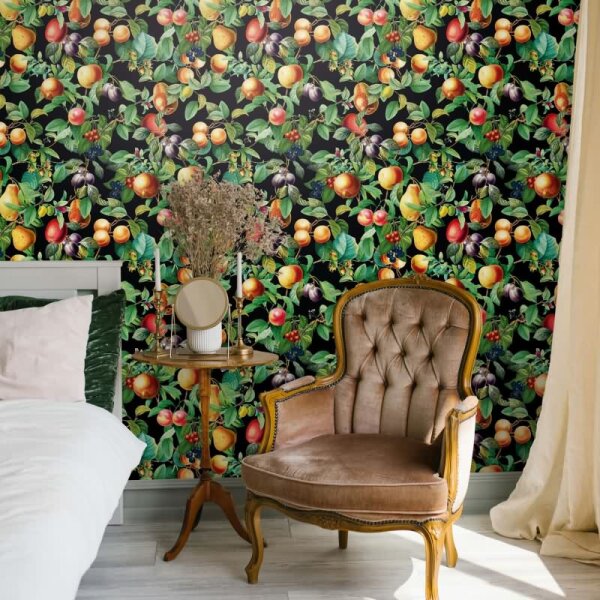 Vliestapete Früchte, Blätter Floral Natur matt in Schwarz für Wohnzimmer, Schlafzimmer (35634)