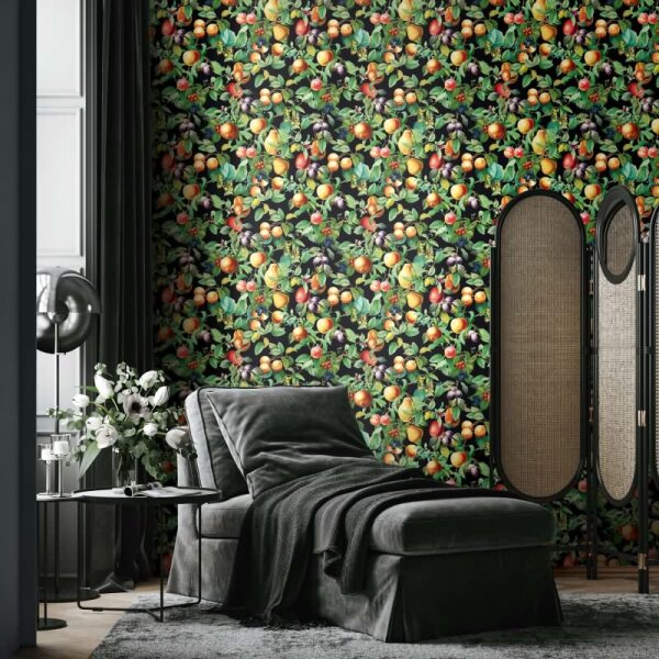 Vliestapete Früchte, Blätter Floral Natur matt in Schwarz für Wohnzimmer, Schlafzimmer (35634)