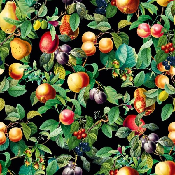 Vliestapete Früchte, Blätter Floral Natur matt in Schwarz für Wohnzimmer, Schlafzimmer (35634)