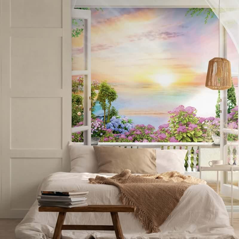 Digitaldruck Sonnenuntergang, Balkon Grafisch Natur matt in Grau für Wohnzimmer, Schlafzimmer, Büro (35644)