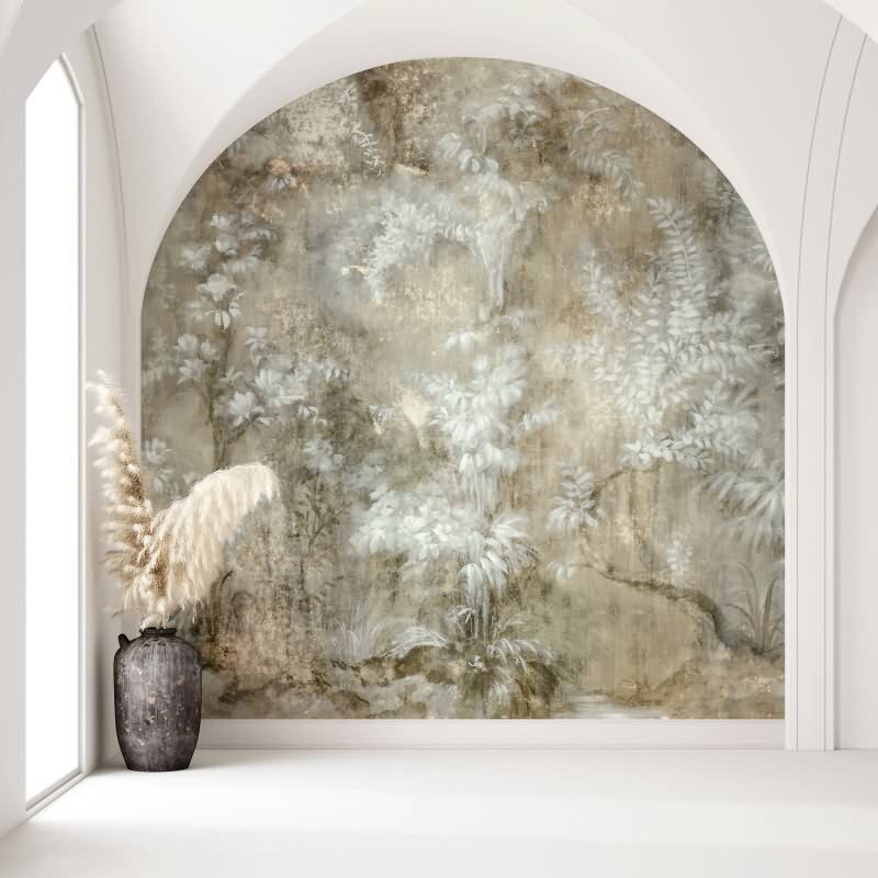 Digitaldruck gezeichneter Wald beige, weiß, grün Floral (35095)