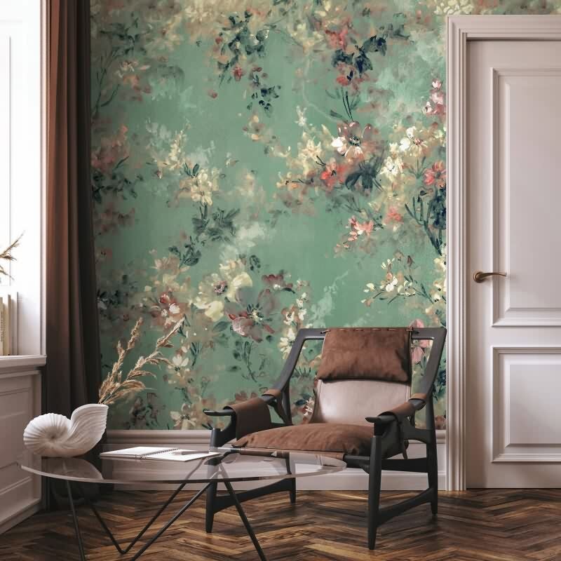 Digitaldruck Blumen Blüten grün, beige Floral (35096)