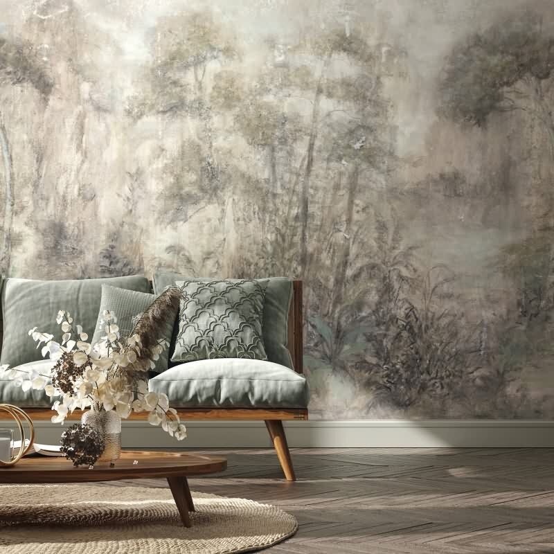 Digitaldruck gezeichneter Wald beige, grün, braun Floral (35098)