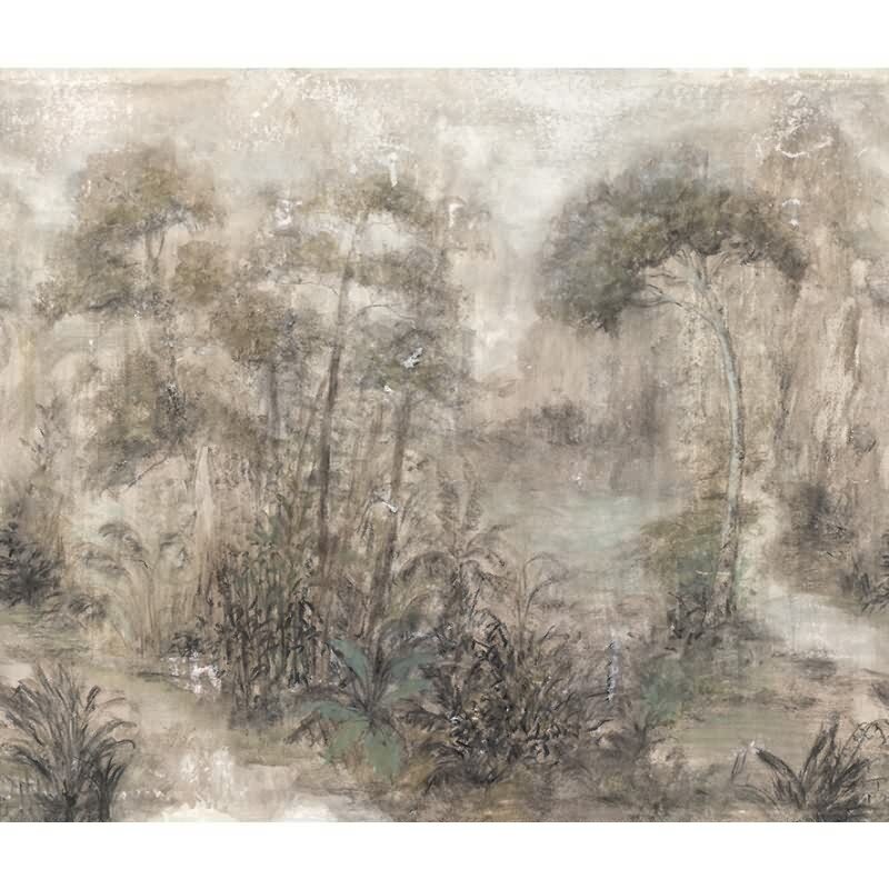 Digitaldruck gezeichneter Wald beige, grün, braun Floral (35098)