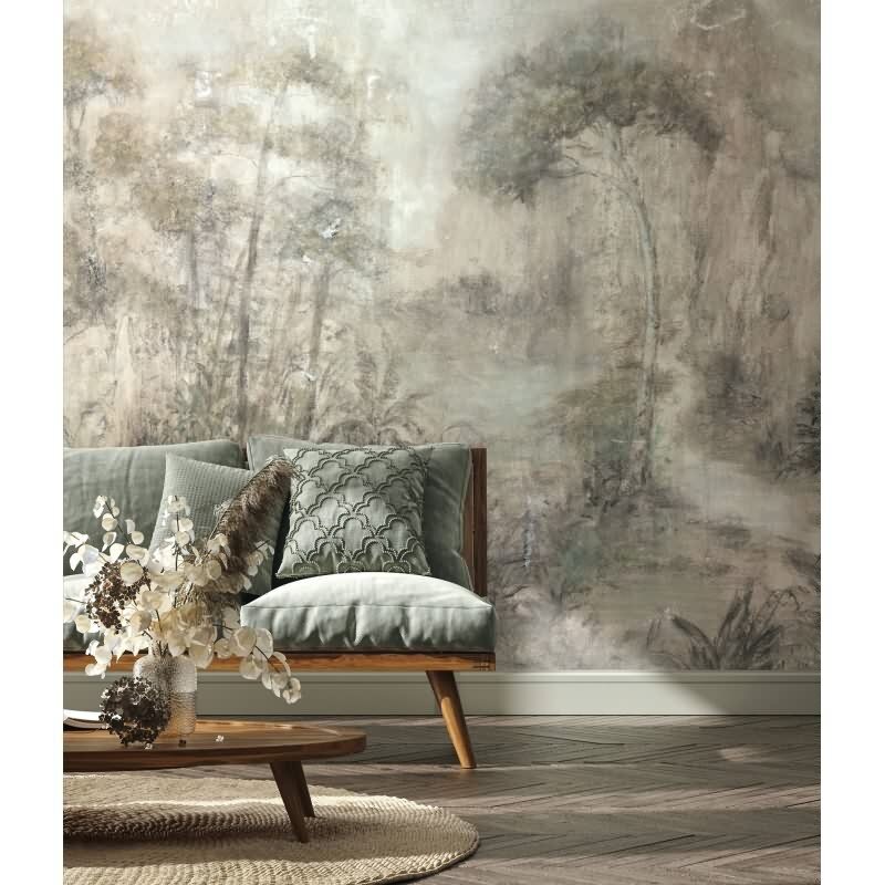 Digitaldruck gezeichneter Wald beige, grün, braun Floral (35098)