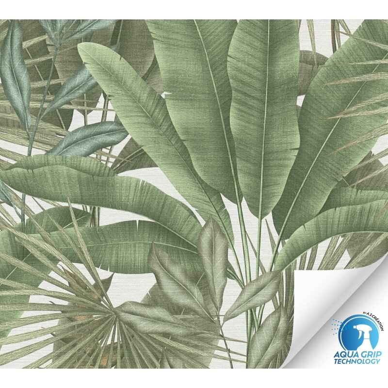 Vorgekleisterte Dschungel-Tapete mit großen Blättern in Grün Creme - Vliestapete im Tropenstil (784511)