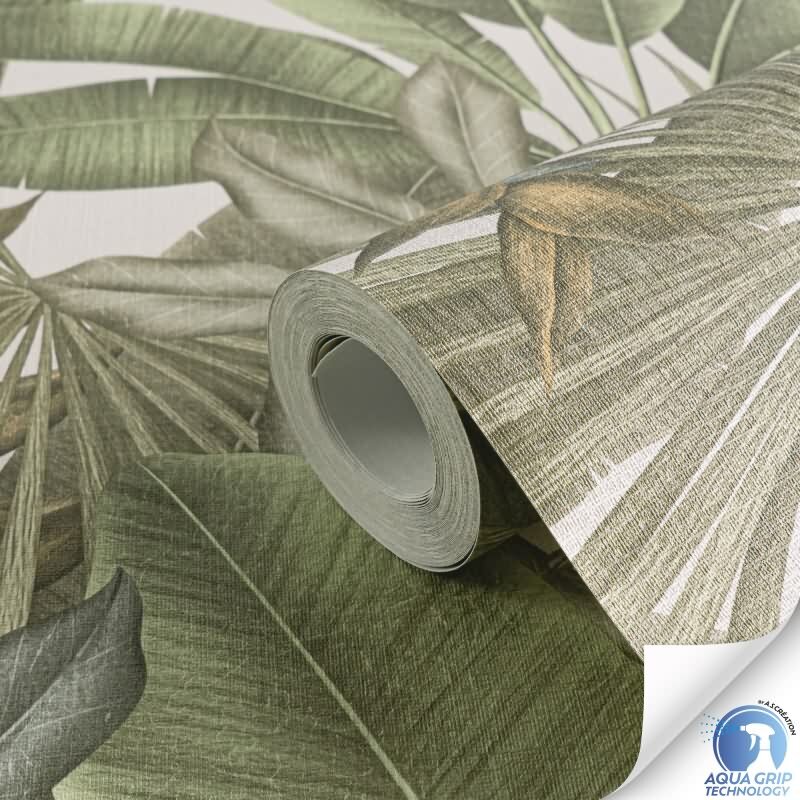 Vorgekleisterte Dschungel-Tapete mit großen Blättern in Grün Creme - Vliestapete im Tropenstil (784511)