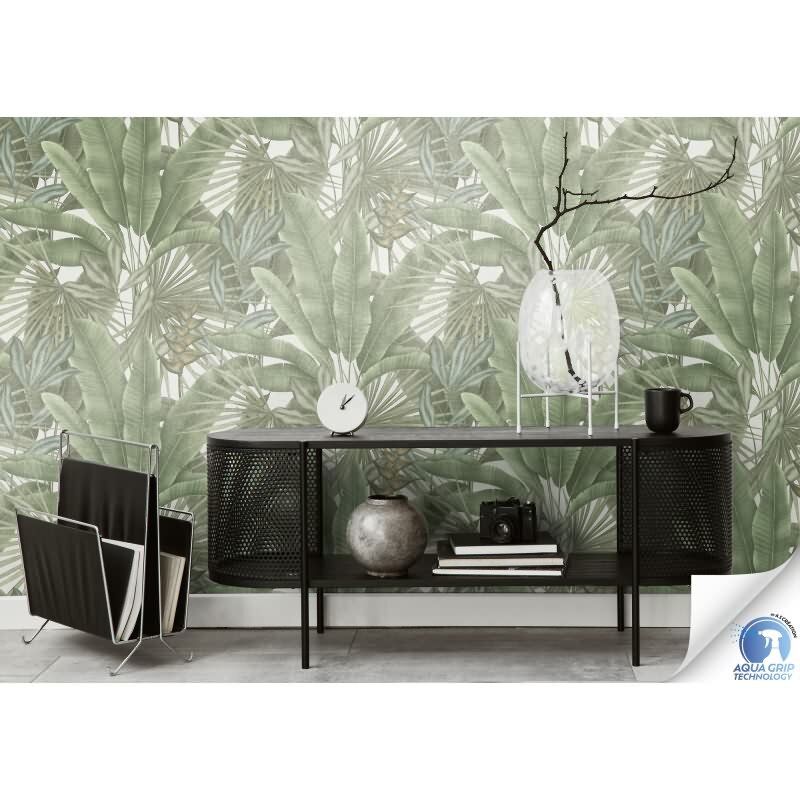 Vorgekleisterte Dschungel-Tapete mit großen Blättern in Grün Creme - Vliestapete im Tropenstil (784511)