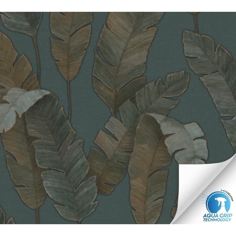 Vorgekleisterte Dschungel-Tapete Blau Braun Palmen-Blätter Vliestapete (784531)