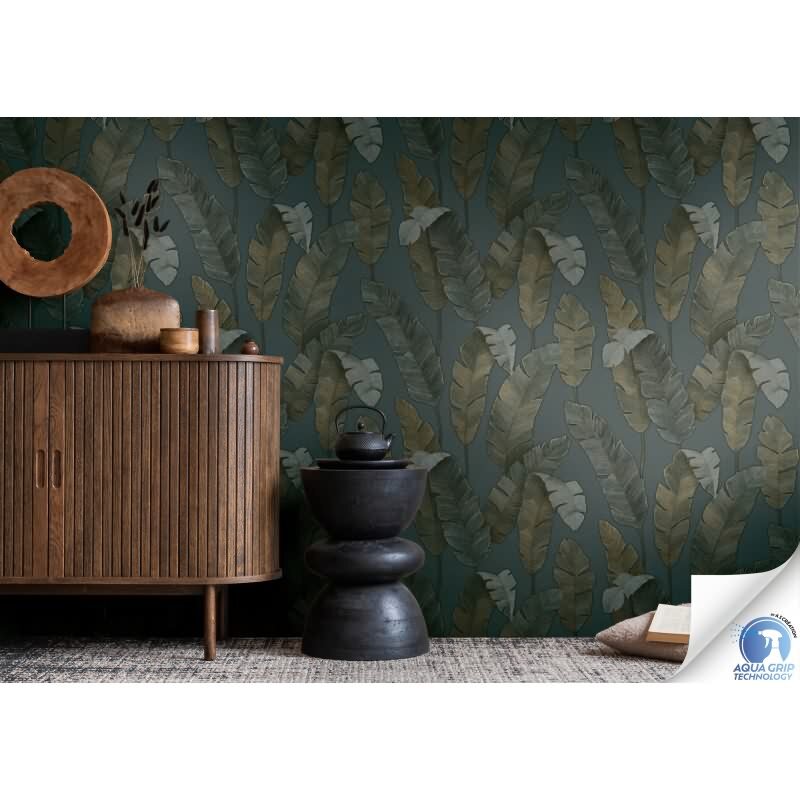 Vorgekleisterte Dschungel-Tapete Blau Braun Palmen-Blätter Vliestapete (784531)