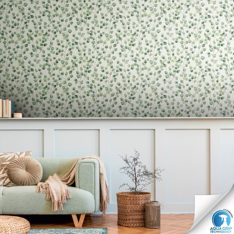 Vorgekleisterte Blätter-Tapete Eukalyptus Grün Weiß Aquarell - Natur Vliestapete (784541)