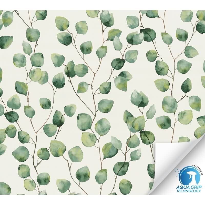 Vorgekleisterte Blätter-Tapete Eukalyptus Grün Weiß Aquarell - Natur Vliestapete (784541)