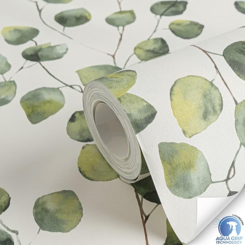 Vorgekleisterte Blätter-Tapete Eukalyptus Grün Weiß Aquarell - Natur Vliestapete (784541)