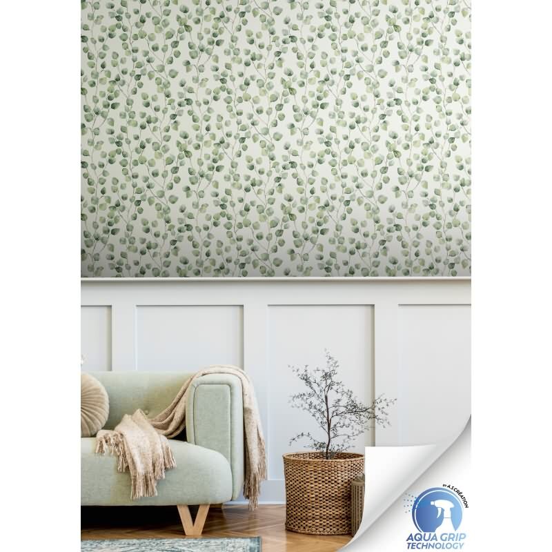Vorgekleisterte Blätter-Tapete Eukalyptus Grün Weiß Aquarell - Natur Vliestapete (784541)
