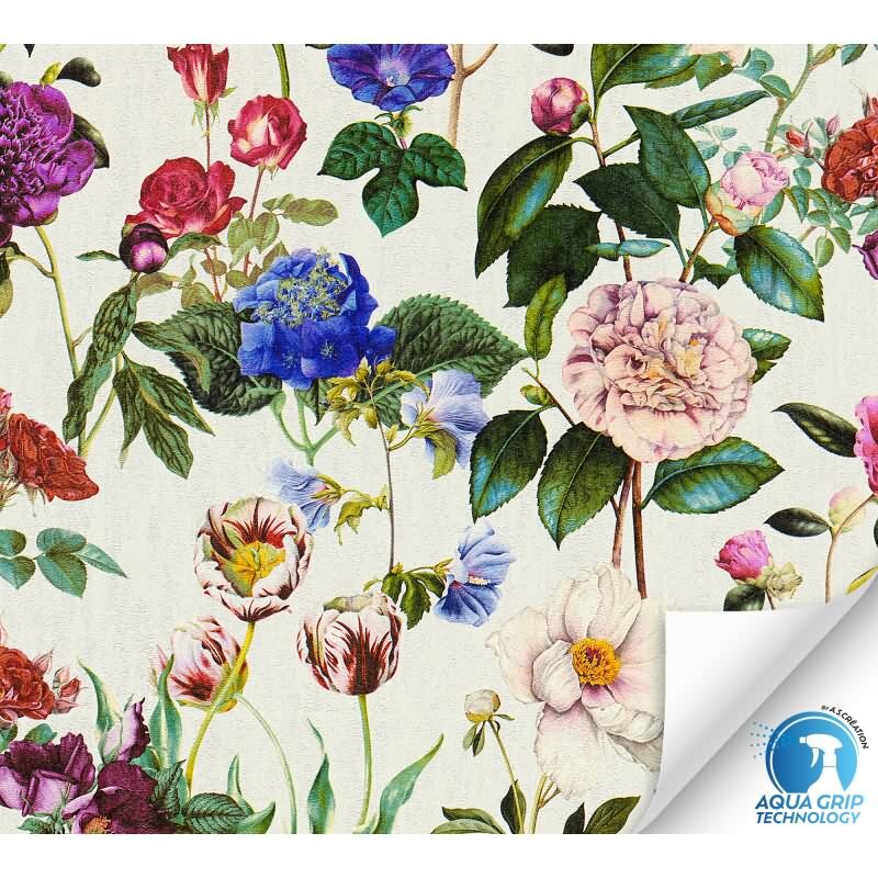 Vorgekleisterte florale Tapete Blumen bunt Creme - Blumen-Vliestapete (784911)