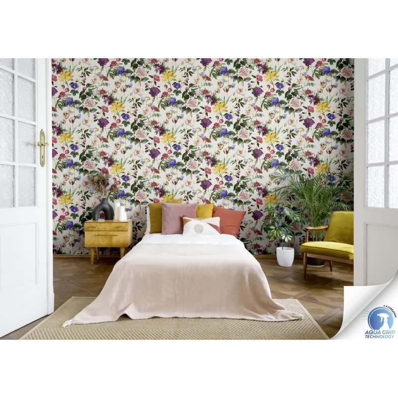 Vorgekleisterte florale Tapete Blumen bunt Creme - Blumen-Vliestapete (784911)