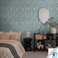 Vorgekleisterte Ornament-Tapete Barock Blau Beige -...