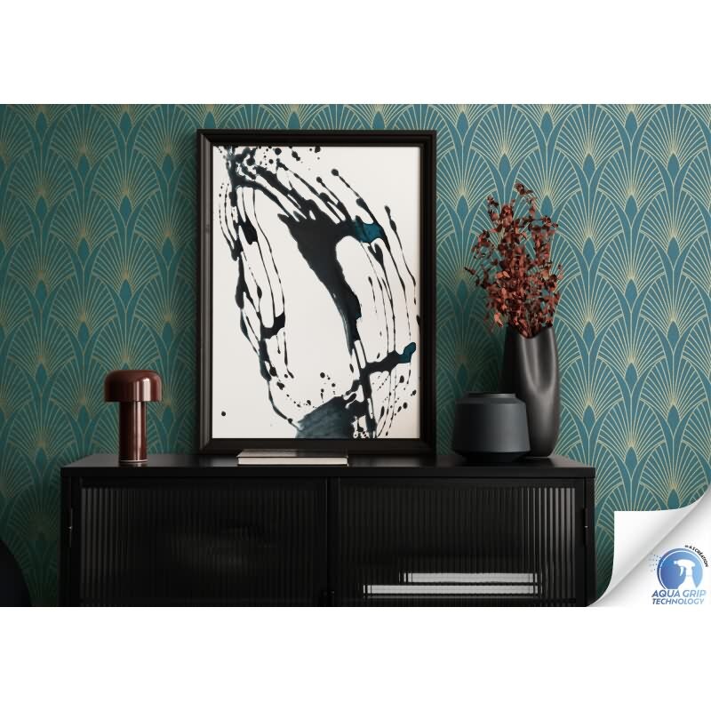 Vorgekleisterte Art-Déco-Tapete Grün Gold - geometrische Vliestapete (784931)