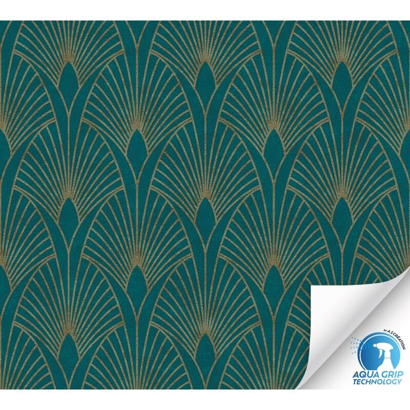 Vorgekleisterte Art-Déco-Tapete Grün Gold - geometrische Vliestapete (784931)