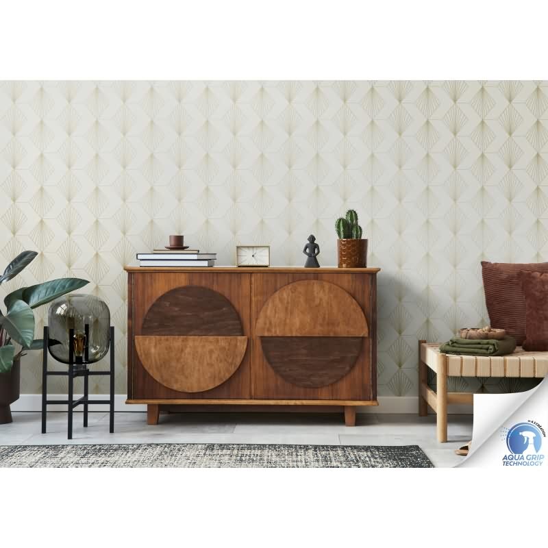 Vorgekleisterte Art-Déco-Tapete Weiß Gold - Vliestapete mit geometrischem Muster (784941)