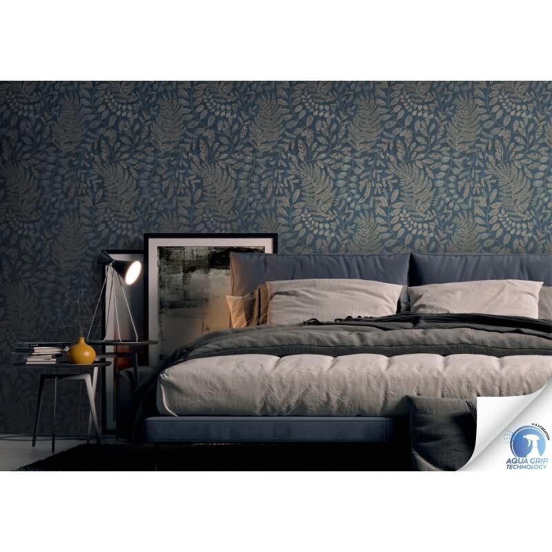 Vorgekleisterte Blätter-Tapete Dschungel Dunkelblau Bronze - botanische Vliestapete (784951)