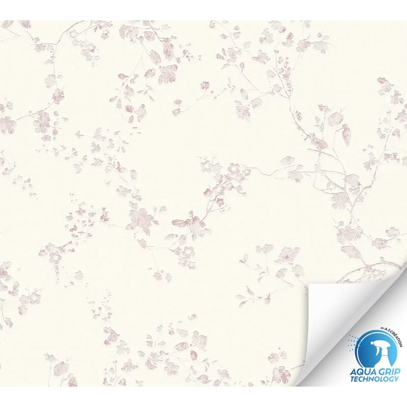 Vorgekleisterte florale Vliestapete Weiß Rosa - Landhaus Blütentapete mit Zweigen (784971)