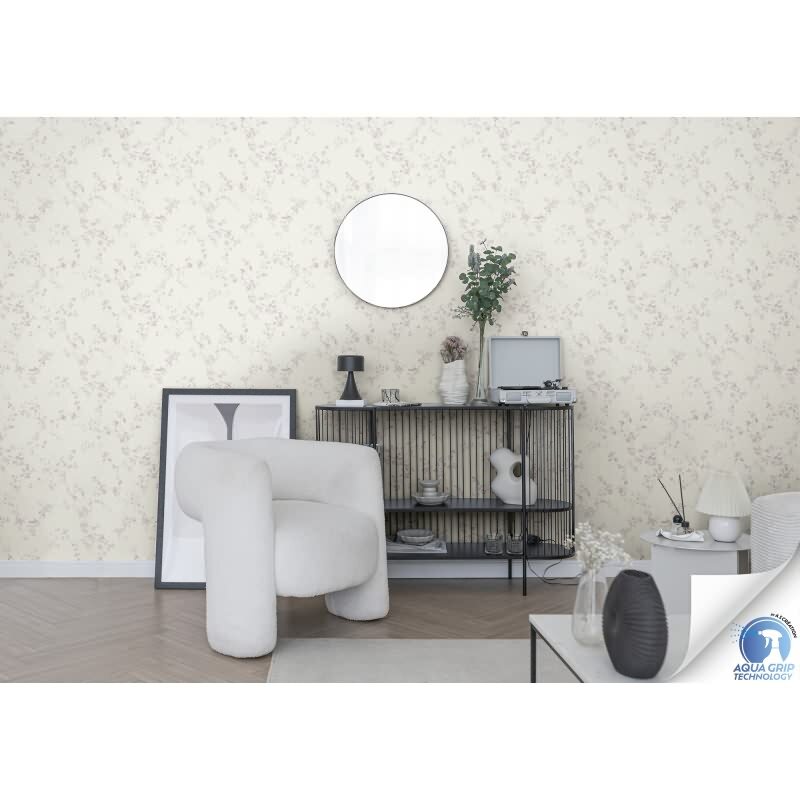 Vorgekleisterte florale Vliestapete Weiß Rosa - Landhaus Blütentapete mit Zweigen (784971)