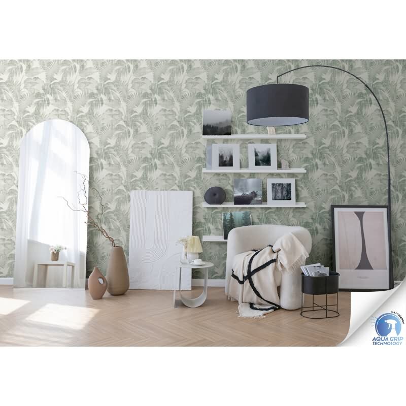 Vorgekleisterte Tapete in Dschungeloptik Grün Weiß - strukturierte Blätter-Vliestapete (784981)