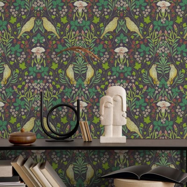 Vliestapete Vögel, Blumen Floral Natur in Schwarz für Wohnzimmer, Schlafzimmer, Lounge (47621)