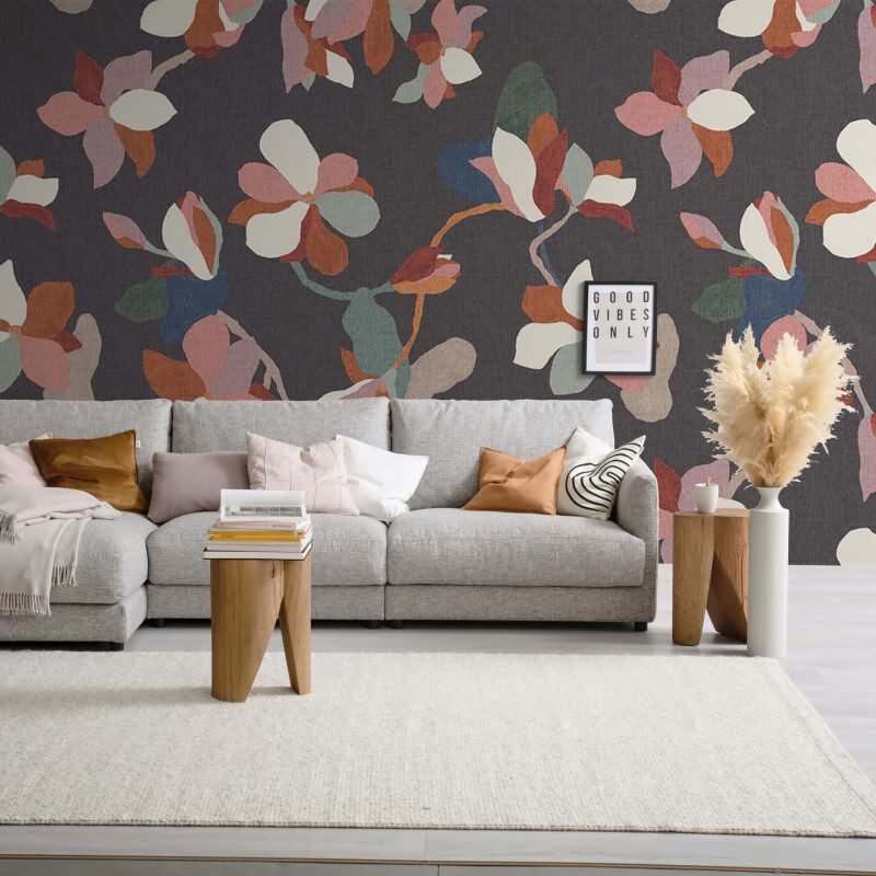 Digitaldruck Blumen, Blätter Floral Natur, Modern in Anthrazit für Wohnzimmer, Schlafzimmer (34302)