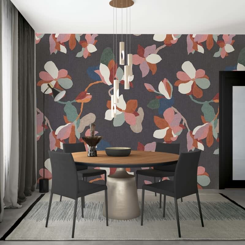 Digitaldruck Blumen, Blätter Floral Natur, Modern in Anthrazit für Wohnzimmer, Schlafzimmer (34302)