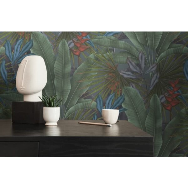 Dschungel-Tapete Dunkelgrün Blau Rot - Vliestapete mit Blättermuster matt (396471)