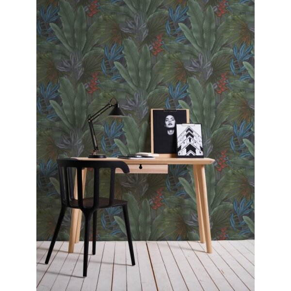 Dschungel-Tapete Dunkelgrün Blau Rot - Vliestapete mit Blättermuster matt (396471)