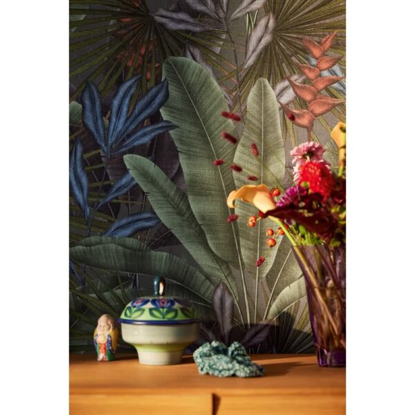 Dschungel-Tapete Dunkelgrün Blau Rot - Vliestapete mit Blättermuster matt (396471)