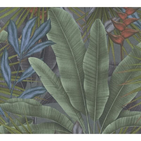 Dschungel-Tapete Dunkelgrün Blau Rot - Vliestapete mit Blättermuster matt (396471)
