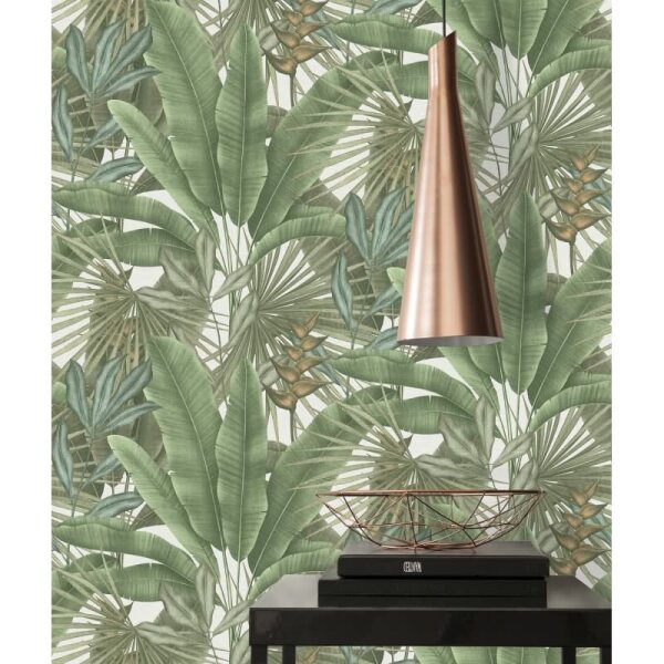 Pflanzen Tapete Grün Naturtöne Beige - Vliestapete mit Dschungelmotiv matt (396472)