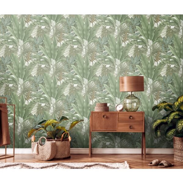 Pflanzen Tapete Grün Naturtöne Beige - Vliestapete mit Dschungelmotiv matt (396472)