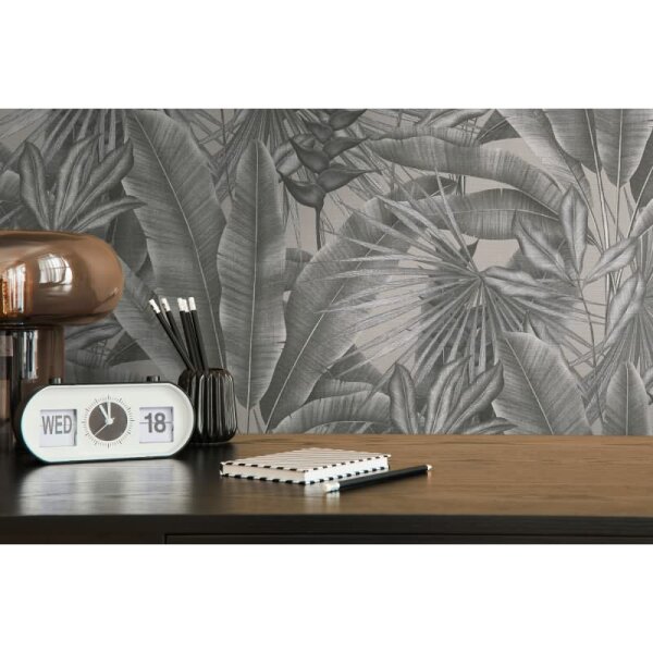 Dschungel-Tapete Schwarz Grau Beige - Vliestapete mit tropischem Blättermuster (396473)