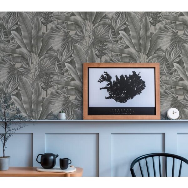 Dschungel-Tapete Schwarz Grau Beige - Vliestapete mit tropischem Blättermuster (396473)