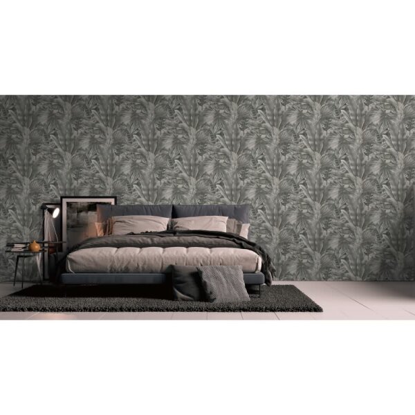 Dschungel-Tapete Schwarz Grau Beige - Vliestapete mit tropischem Blättermuster (396473)