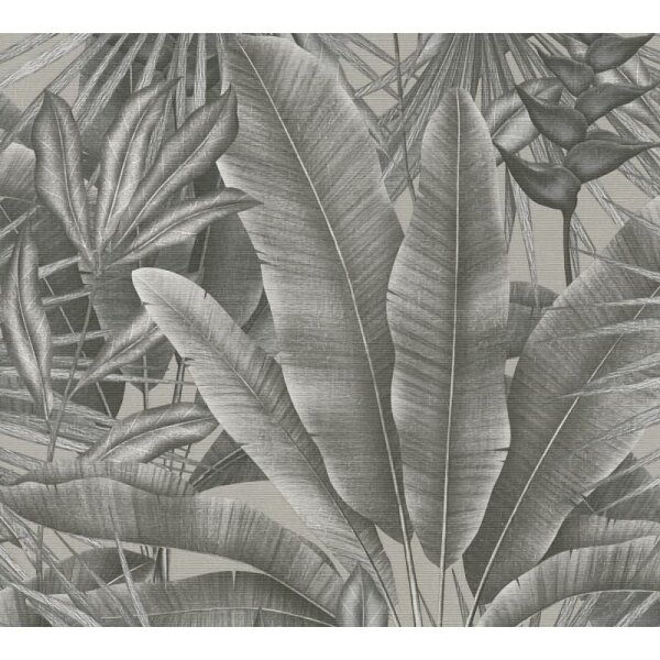 Dschungel-Tapete Schwarz Grau Beige - Vliestapete mit tropischem Blättermuster (396473)