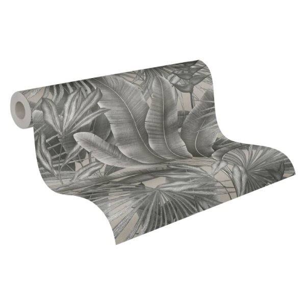 Dschungel-Tapete Schwarz Grau Beige - Vliestapete mit tropischem Blättermuster (396473)